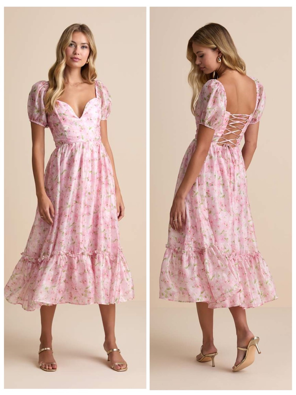 Lulus Sincerely Wondrous Pink Floral Puff Sleeve Tiered Midi Dress Size XL NWT
